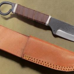 Couteau Lame Fixe de Viking Lame Carbone 1055 Demi Brut de Forge Manche Lanière Cuir Etui Cuir