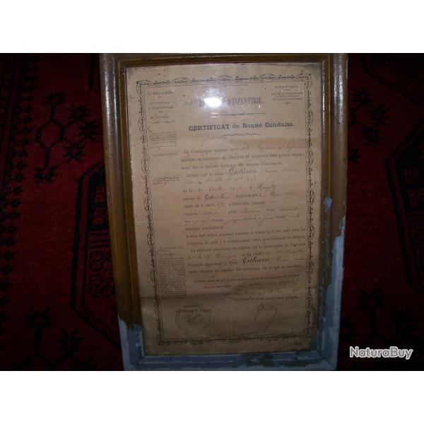 Documents Certificat de bonne Conduite 44e Regiment d'Infanterie 1891..sous verre ....
