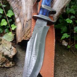 Poignard De Chasse Sub-Hilt Fighter Lame Acier Damas 256 Couches Manche Bois Etui Cuir F Artisanale