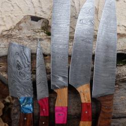 LOT DE 5 Couteau De Cuisine Couteau de Chef Lame Acier Damas 256 Couches Fabrication Artisanale 001