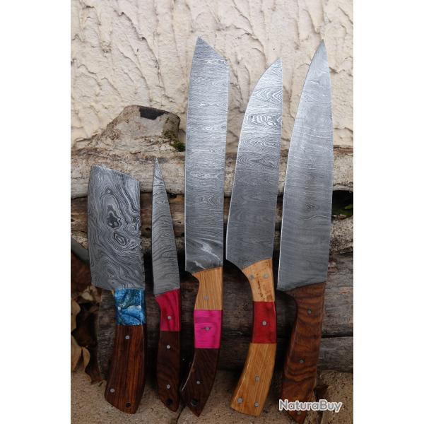 LOT DE 5 Couteau De Cuisine Couteau de Chef Lame Acier Damas 256 Couches Fabrication Artisanale 001