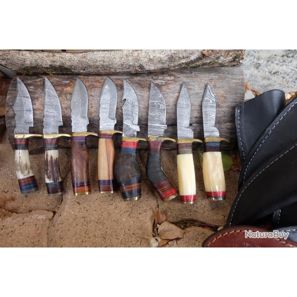 LOT DE 8 Couteau Skinner Damas Lame 256 Couches Manche Os/Bois Cerf/Bois/Blier Artisanale Etui Cuir