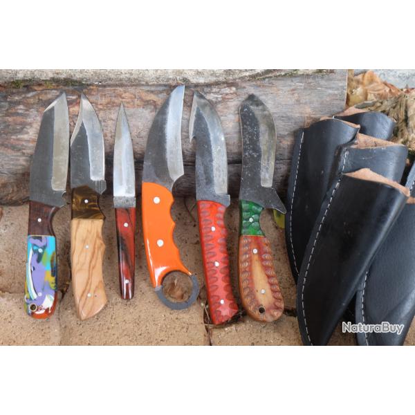LOT DE 6 Couteau de Chasse Skinner Lame Acier Carbone 1075 Black Manche Bois Etui Cuir Artisanale