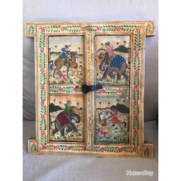 Fentre Inde placage os de buffle peint  la main sur bois massi