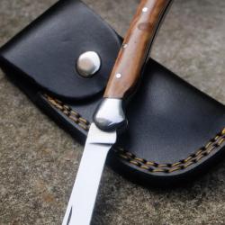 Couteau de Grand Père Jardinier Lame Acier Inox Manche Bois Fabric Artisanale Etui CUir