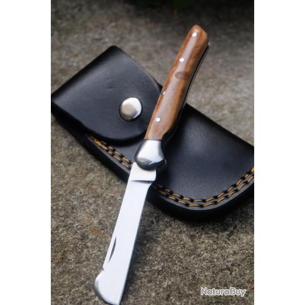Couteau de Grand Pre Jardinier Lame Acier Inox Manche Bois Fabric Artisanale Etui CUir
