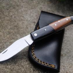 Couteau de Grand Père Le Compagnon Lame Acier Inox Manche Bois Fabric Artisanale Etui CUir