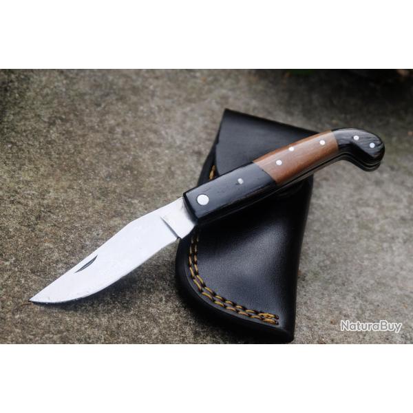 Couteau de Grand Pre Le Compagnon Lame Acier Inox Manche Bois Fabric Artisanale Etui CUir