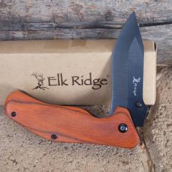 Couteau Elk Ridge Wood Handle A/O Acier 440 Manche Bois Pakkawood Linerlock Clip