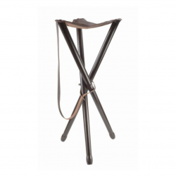 TRÉPIED ANCE 90 CM, PIEDS BOIS, ASSISE CUIR MARRON, AVEC BRETELLE - JANUEL