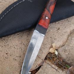 Stylet Couteau Dague de Poche Lame Acier Carbone 1075 Manche Résine Etui Cuir Fabric Artisanale