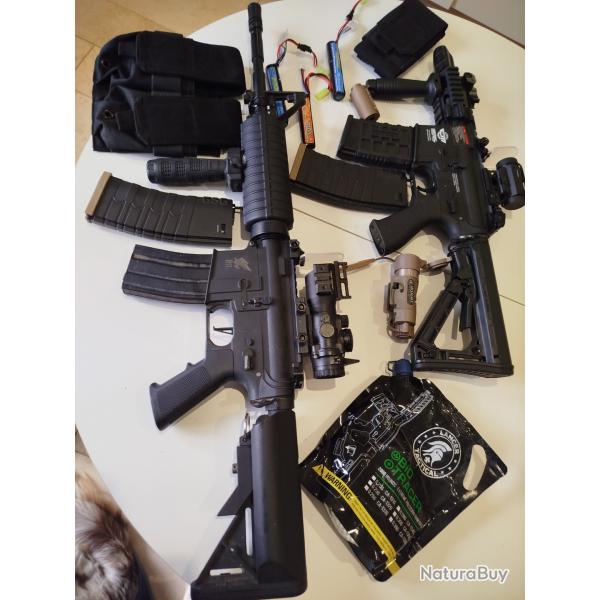 Lot de 2 répliques M4 airsoft carcasse métal avec accessoires et équipements
