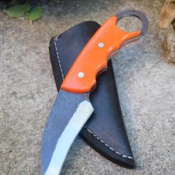 Couteau Karambit Tactical Lame Acier Carbone 1075 Manche Résine Etui Simili Cuir Fabr Artisanale