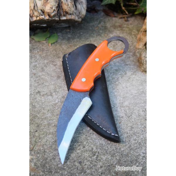 Couteau Karambit Tactical Lame Acier Carbone 1075 Manche Rsine Etui Simili Cuir Fabr Artisanale