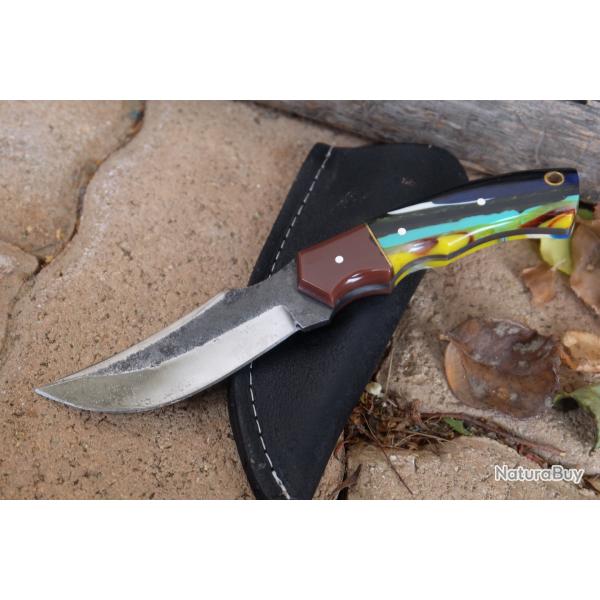 Couteau Skinner de Chasse Bushcraft Lame Acier Carbone 1075 Manche Rsine Etui Cuir Fabr Artisan 01