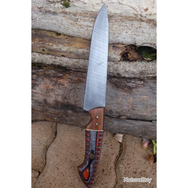 Couteau De Cuisine de Chef Lame Acier Damas 256 Couches Manche Bois 3D Fabric Artisanale