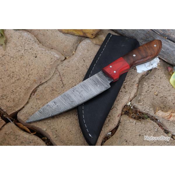 Skinner Bowie Couteau de Chasse Damas Lame 256 Couches Manche 2 Bois Fabric Artisanale Etui Cuir 02