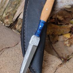 Couteau Dague Scottish Dirk Lame Acier Damas 256 Couches Manche Bois/Résine Etui Cuir Artisanale