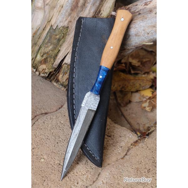 Couteau Dague Scottish Dirk Lame Acier Damas 256 Couches Manche Bois/Rsine Etui Cuir Artisanale