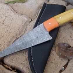 Couteau De Cuisine & Rando Lame Acier Damas 256 Couches Manche Bois/Résine Etui Cuir F Artisanale