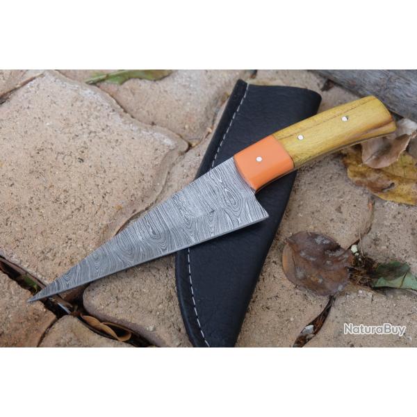 Couteau De Cuisine & Rando Lame Acier Damas 256 Couches Manche Bois/Rsine Etui Cuir F Artisanale