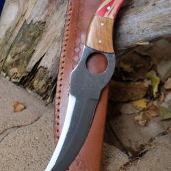 Couteau De Cuisine & Rando Lame Acier Carbone 1055 Façon Huusk Etui Cuir Manche Bois Fab Artisanale