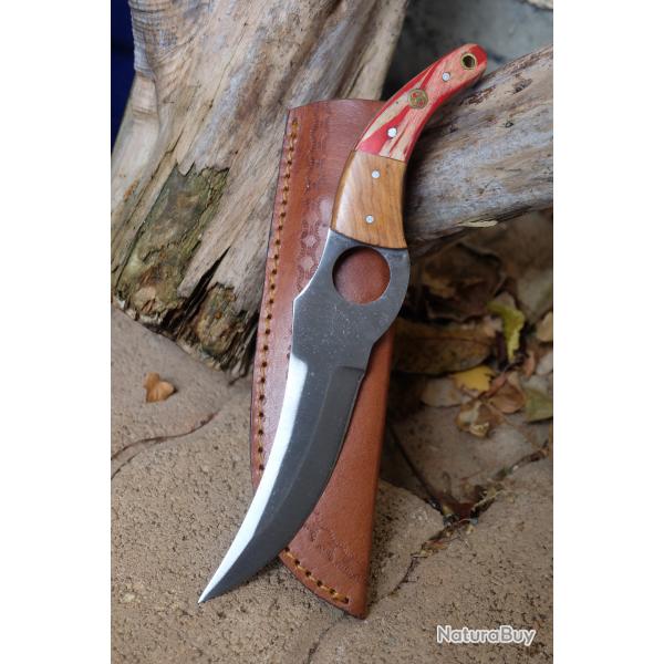 Couteau De Cuisine & Rando Lame Acier Carbone 1055 Faon Huusk Etui Cuir Manche Bois Fab Artisanale