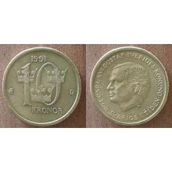 Suede 10 Couronnes 1991 Piece Couronne Roi Karl XVI Gustaf Kronor Sweden