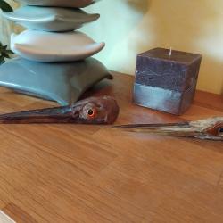 2 têtes de bécasses sculptées en bois