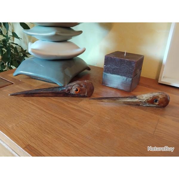 2 ttes de bcasses sculptes en bois
