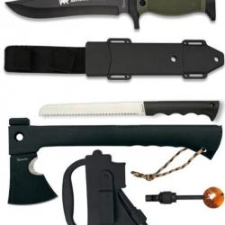 Kit de survie tactique  poignards et hache avec fourreau plus sifflet et un silex