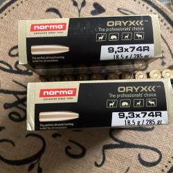 MUNITION POUR CARABINE TYPE " EXPRESS "  NORMA ORYX // CALIBRE 9.3 X 74 R // 18.5G / 285 Grains //