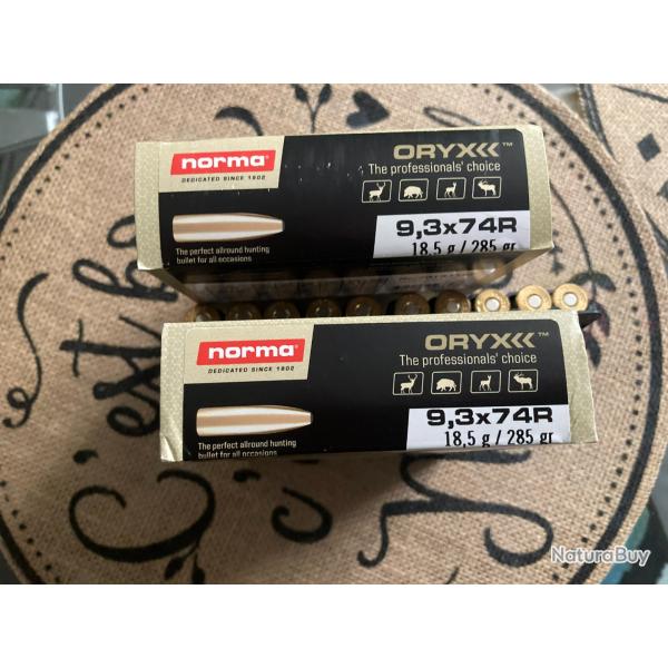 MUNITION POUR CARABINE TYPE " EXPRESS "  NORMA ORYX // CALIBRE 9.3 X 74 R // 18.5G / 285 Grains //