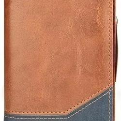 Portefeuille court en cuir Marron PU pour hommes - Fermeture éclair - Poche pour pièces de monnaie -