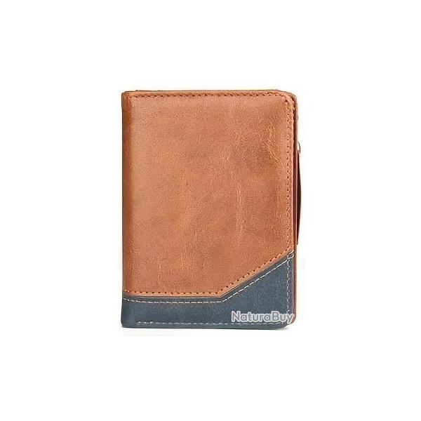 Portefeuille court en cuir Marron PU pour hommes - Fermeture clair - Poche pour pices de monnaie -