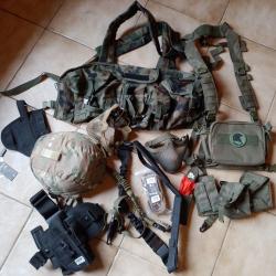 Lot équipement airsoft casque gilet tactique holster sangle protection