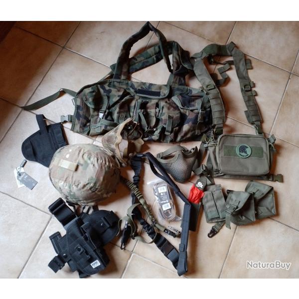 Lot quipement airsoft casque gilet tactique holster sangle protection