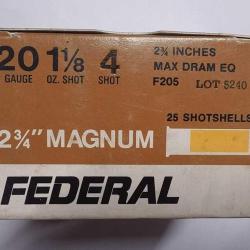 BOITE 25 CARTOUCHES MUNITIONS CHASSE FEDERAL CALIBRE 20 MAGNUM 2"3/4 fin 70'S Categorie C XXè