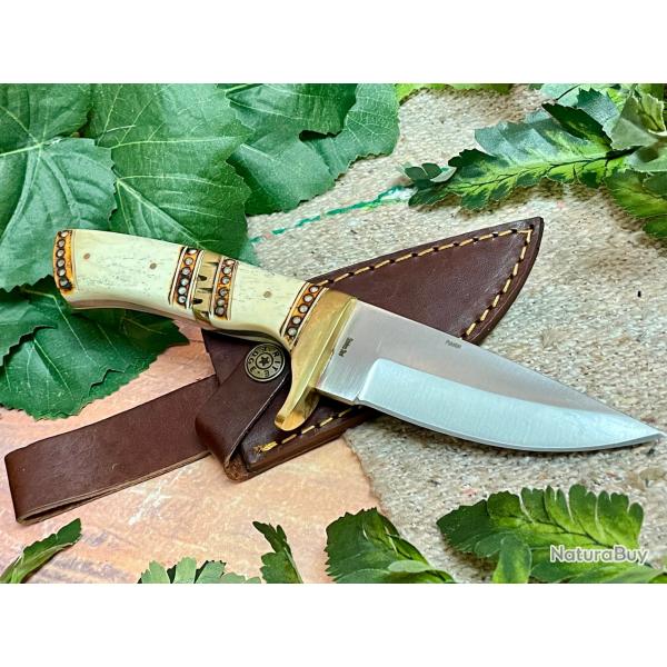 Couteau de Chasse Celtique Survie Manche Os Lame Acier Inox Etui CUir