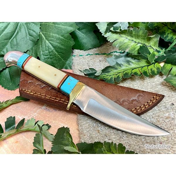 Couteau Skinner Daylight Hunter Lame Acier Inoxydable Manche Os & Rsine Turquoise Etui Cuir