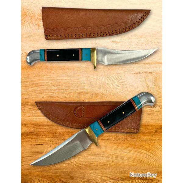 Couteau Skinner Nightlight Hunter Lame Acier Inoxydable Manche Corne & Rsine Turquoise Etui Cuir