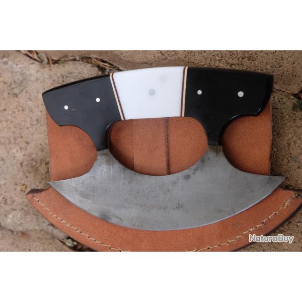 Couteau d'Esquimau Inuit Ulu Lame Acier Damas 256 Couches Manche Rsine Etui Cuir F Artisanale 001