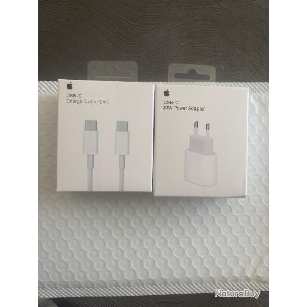 Chargeur rapide 20W usb-c plus cble usb-c 2M pour iPhone 15/16/17Neufs Scells Envoi rapide