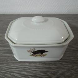 TERRINE PORCELAINE BLANCHE A FEU APILCO DECOR ANIMALIER GIBIER
