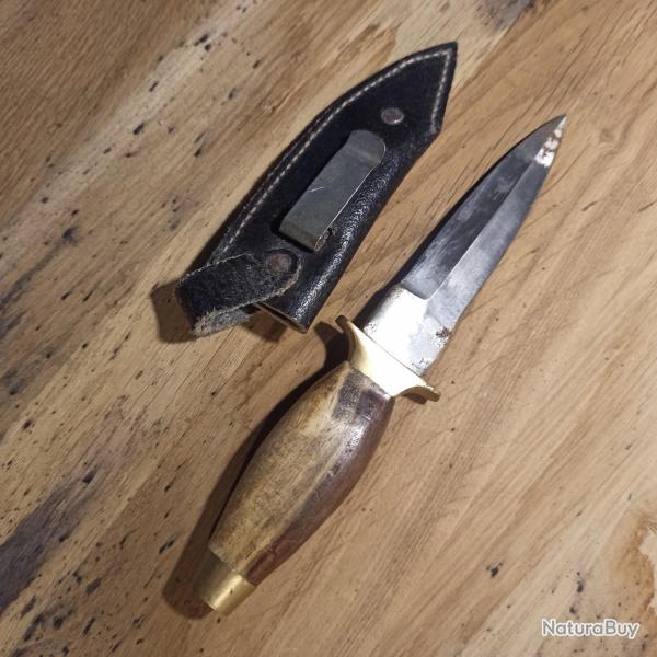 Petit couteau Poignard de chasse ou de vnerie poigne bois bicolore avec son tui cuir