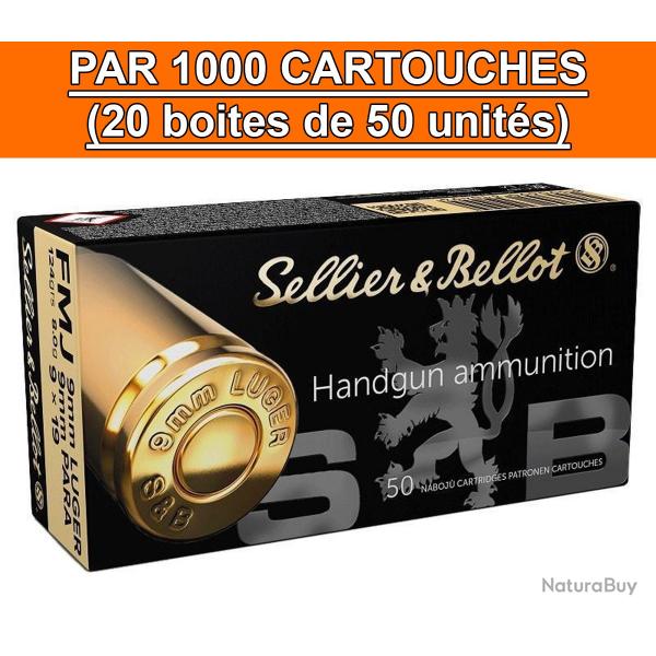 CARTON DE 1000 CARTOUCHES SELLIER BELLOT CAL.9x19 / 9 PARABELLUM / 9 LUGER FMJ 124GRS - CATEGORIE B