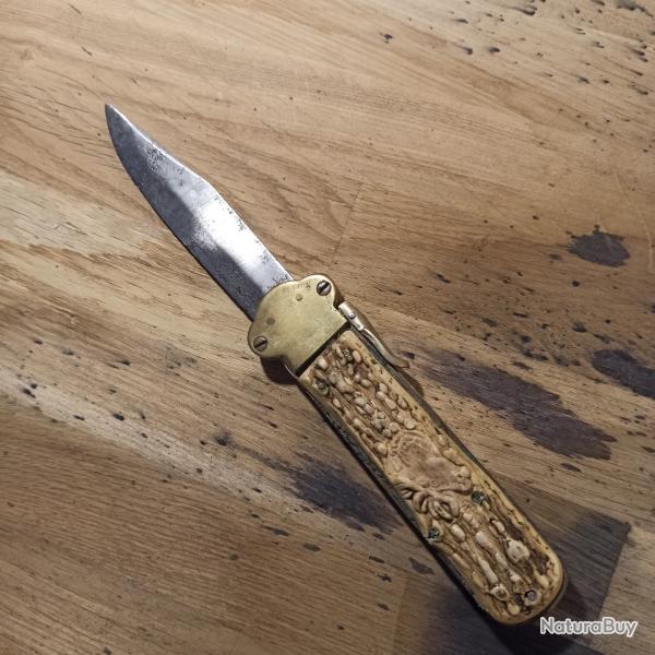 Couteau poignard lame rétractable marquage artisanaux sur la virole laiton guerre d'Algérie 1959-60