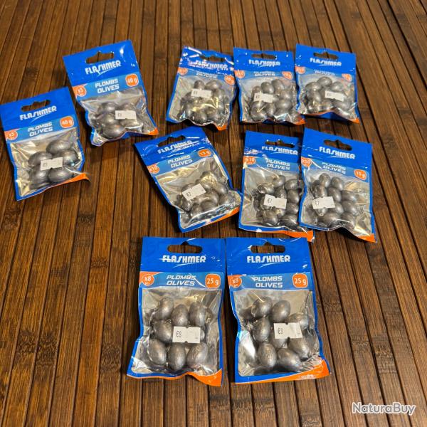 IMPORTANT LOT DE PLOMB DE PCHE OLIVE FLASHMER 2x40g - 3x20g -3x15g 3x25g