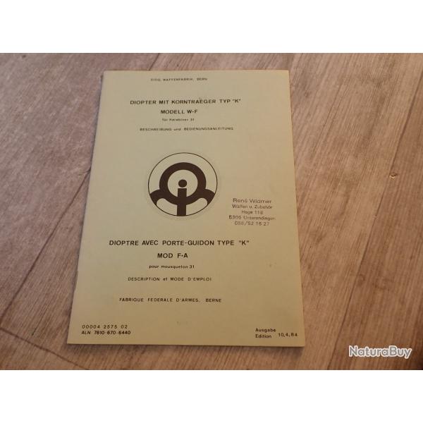 Livret / notice d'instruction du dioptre suisse pour K31