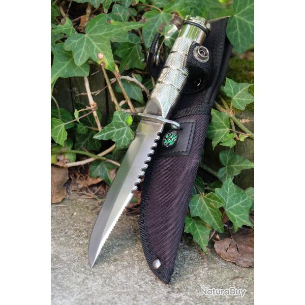 Couteau de Survie Pilote Hélico Lame Acier Inox Manche Aluminium Etui Nylon Boussole Kit de Survie